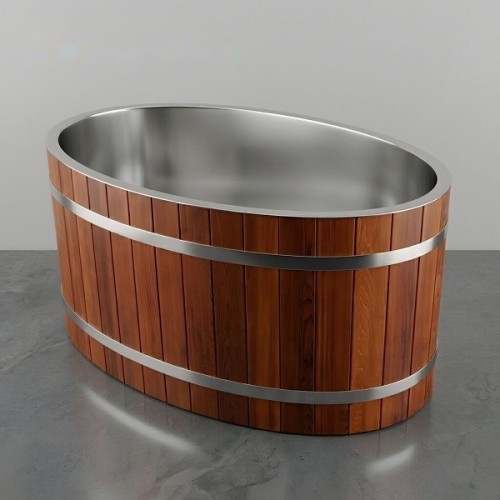 BỒN NGÂM LẠNH BẰNG INOX ỐP GỖ TUYẾT TÙNG ĐỎ DÁNG OVAL